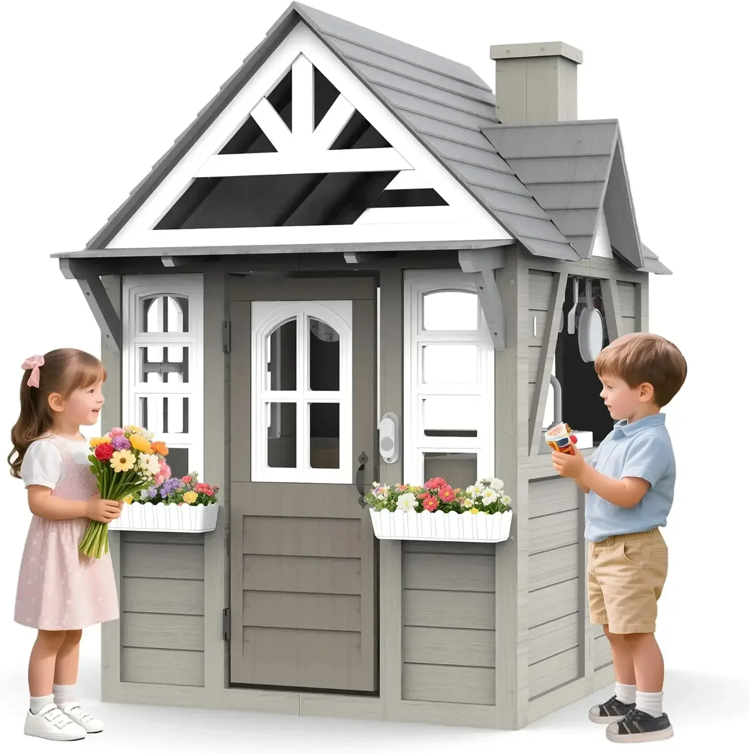 Kids Outdoor House With Kitchen - Kids Outdoor Playhouse,Cedar Gray Wooden Play