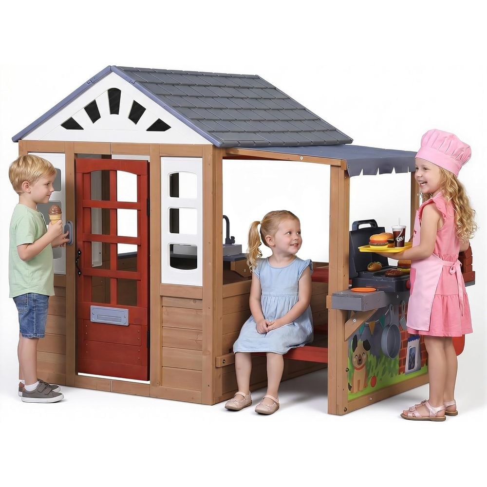Kids Outdoor Wooden Playhouse, - Kids Outdoor House With Kitchen ulasan dan harga