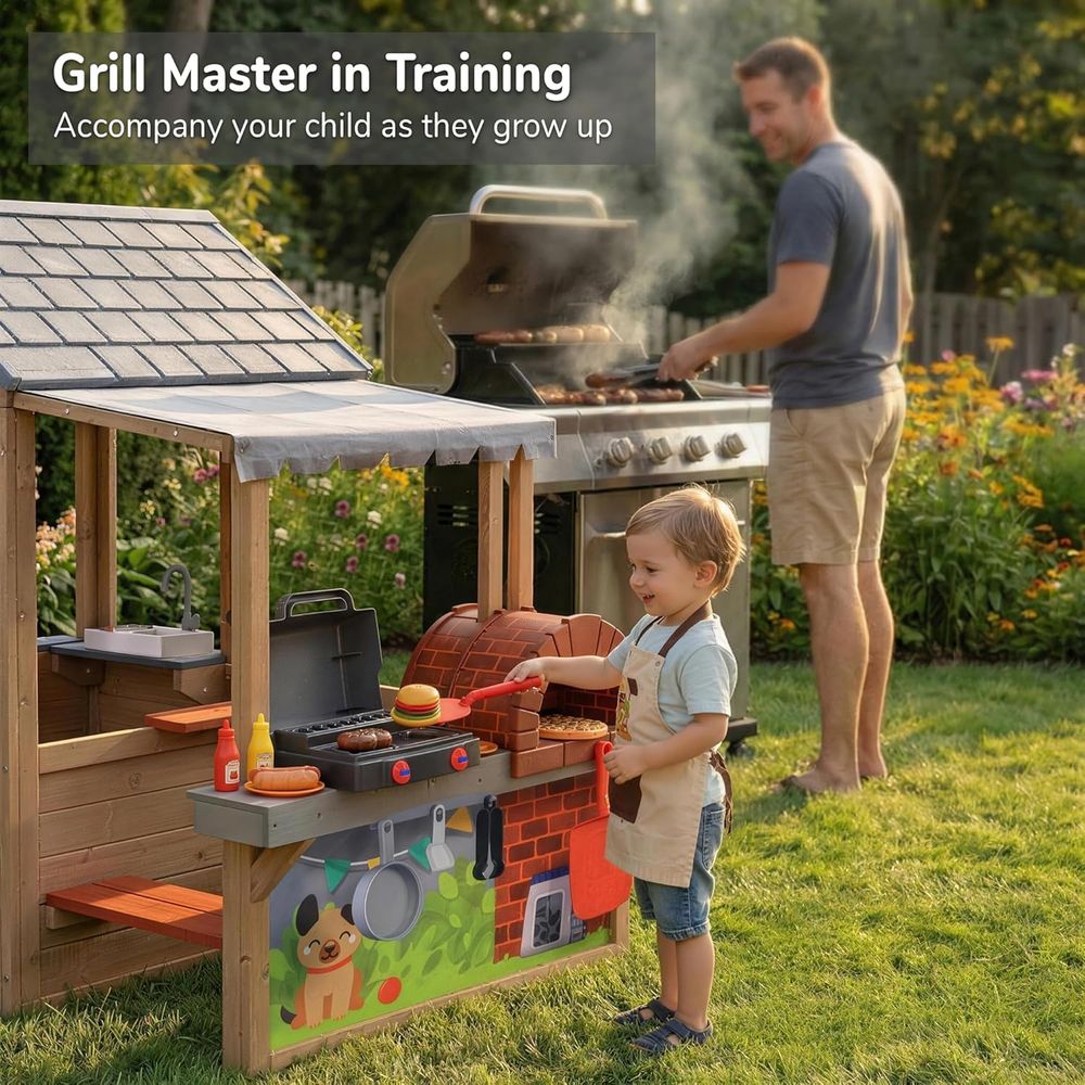 Kids Outdoor Wooden Playhouse, - Kids Outdoor House With Kitchen ulasan dan harga
